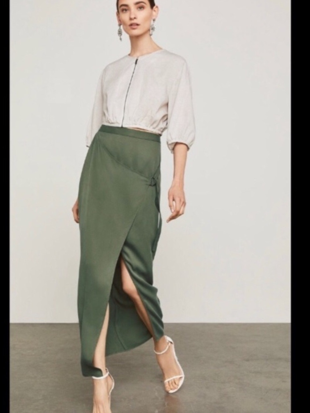 BCBGMaxAzria Olive Green Women's wrap Skirt with a thigh high slit